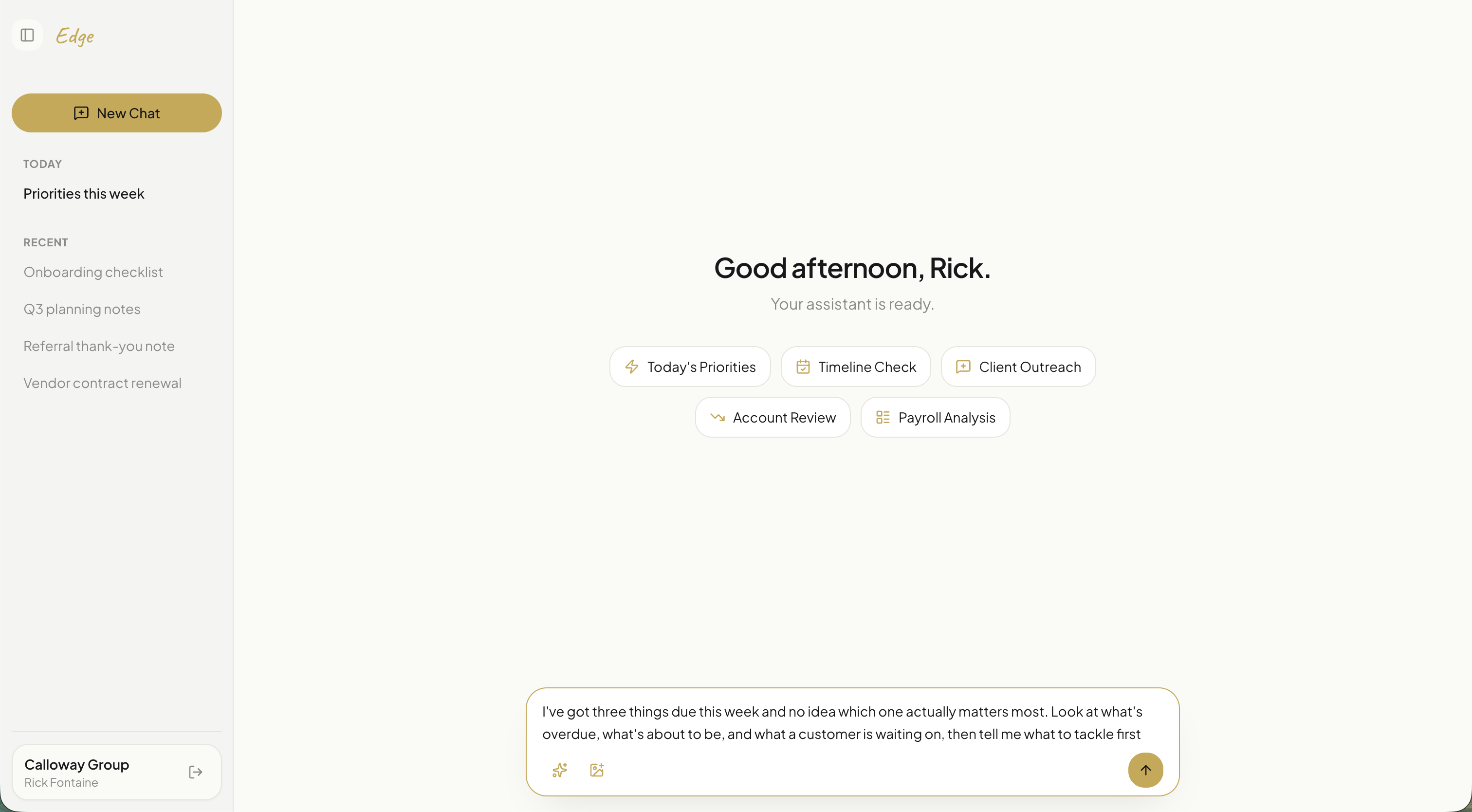 Edge's chat interface showing today's priorities, quick-action skills, and a message in progress