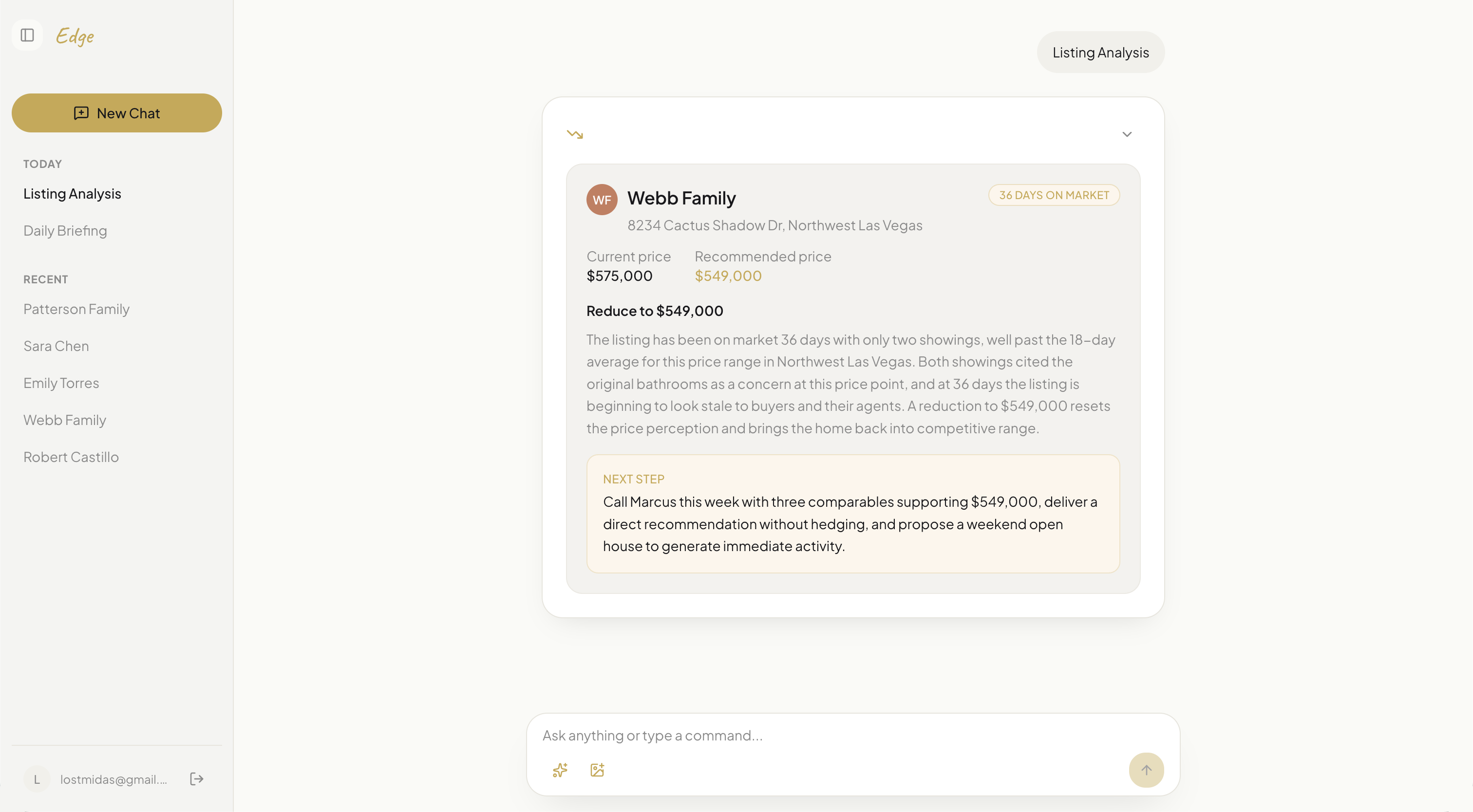 Edge listing analysis card: recommended price reduction, reasoning, and next step for a real estate agent
